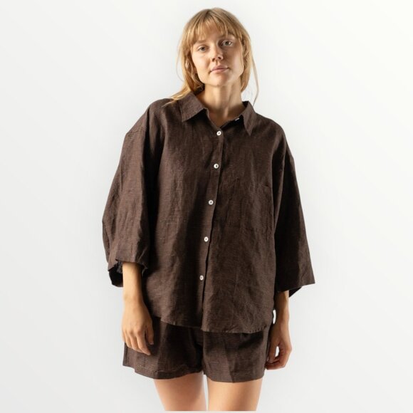 Deiji Studios Oversized Boxy Linen Shirt in Royal Stripe - Picture 1 of 14